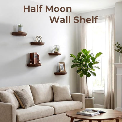 Solid Wood Half Round Floating Shelves, Elegant Floating Shelves, 8.27 Inch Small Wall Mounted Floating Corner Shelves for Living Room, Bedroom, Bathroom, Office. Dark Brown Floating Shelves, Set of 5