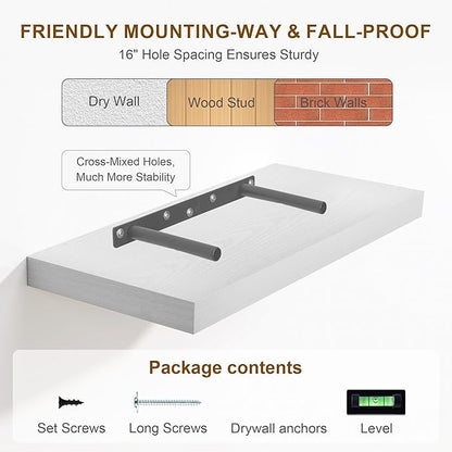 Fun Memories White Floating Shelves 16 Inch Long, 8 Deep Floating Shelf Wall Mounted, 16 x 8 Inch Wooden Bathroom Shelves, Deep Storage Shelves for Living Room, Kitchen, Set of 2