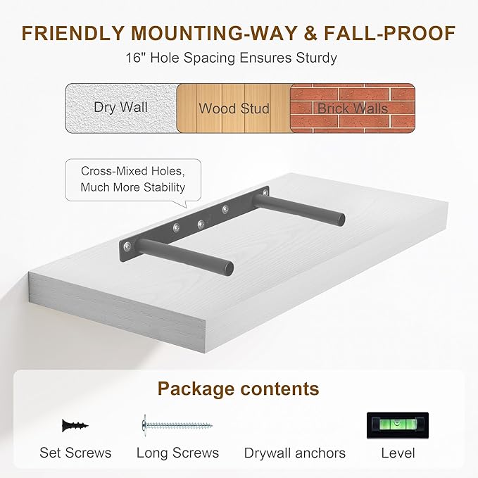 White Floating Shelves 48 Inch Long, 8 Deep Floating Shelves for Wall, Rustic 48