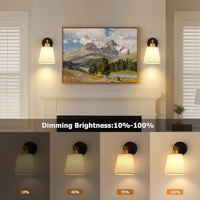 JOOSENLUX Battery Operated Wall Sconce Set of 2 with Fabric Shade – Rechargeable Cordless Wall Lamps, Remote Control, Dimmable LED, Black and Gold, Modern Decorative Accent Light