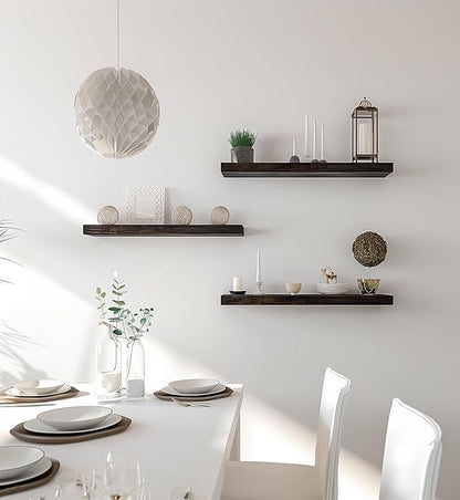 Brown Wood Floating Shelves for Wall Rustic Wall Shelf for Bedroom Living Room Set of 6