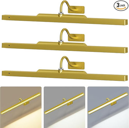 3 Pack Gallery Picture Frame Lights - 24Inch Gold Battery Wireless Wall Mounted Lighting for Large Art, Posters, Canvas & Gallery Walls