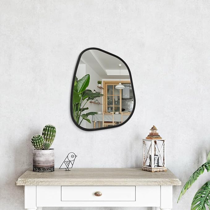 Irregular Bathroom Mirror Modern Oval Wall Mirror Asymmetrical Wooden Framed Wall Mirror Unique Shape Wall Mounted Vanity Artistic Mirror Decor for Living Room Bedroom Entryway Small 16