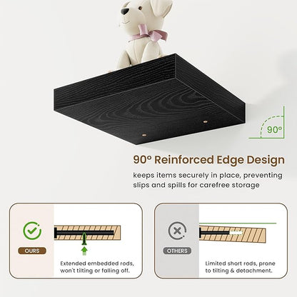 Square Floating Shelves for Wall, 10"W x 10"D x 1.25"H, 3 Packs Small Wall Mounted Engineered Wood Shelves with Invisible Brackets for Living Room, Bedroom, Bathroom, Kitchen Decor, Black