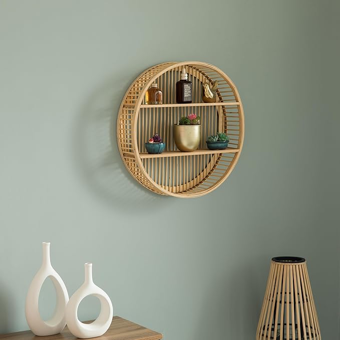 Vintiquewise Decorative Rattan Round Display Shelf with 2 Shelves for The Dining Room, Living Room, or Office.