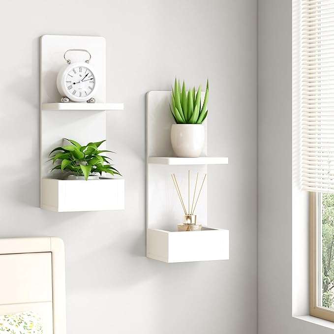 2-Tier White Floating Wall Shelf, 20x8x6 Wall-Mounted Wooden Beside Shelf/Nightstand for Home Décor, Plants, Cosmetics, Bathroom, Kitchen, Bedroom Storage (White with Box)
