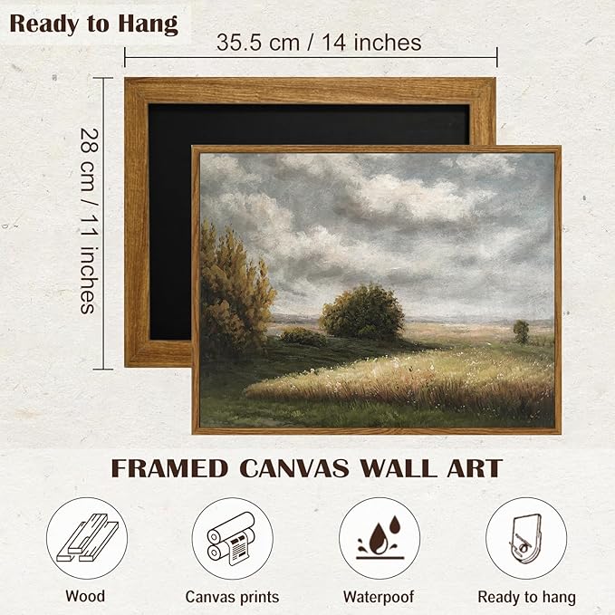 SHENIFY Vintage Landscape Framed Canvas Wall Art Grassland Classic Wall Prints Farmhouse Bathroom Office Decor - 11x14in Natural Framed