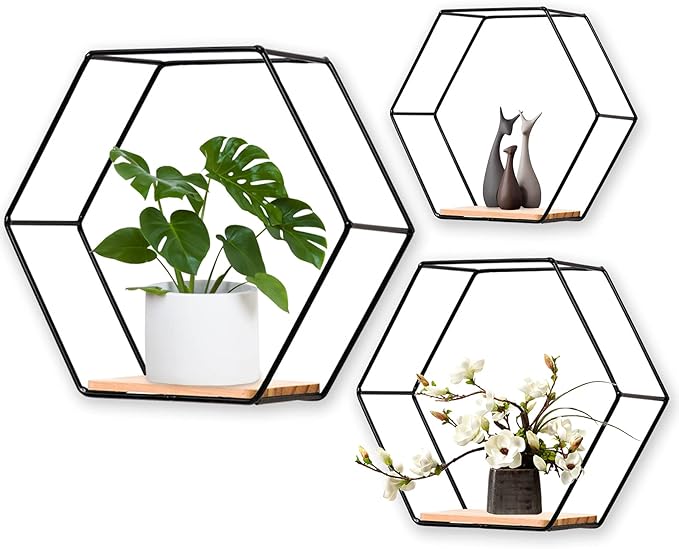 Wall Mounted Hexagonal Floating Shelves Black Set of 3 in Different Sizes, Modern Metal Wall Shelf, Simple Wood Partition Storage Shelves, Wall Decor Rack for Bedroom, Living Room, Kitchen and Office