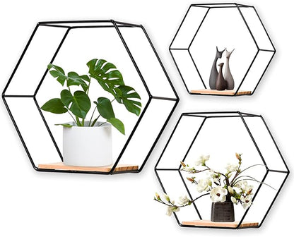 Wall Mounted Hexagonal Floating Shelves Black Set of 3 in Different Sizes, Modern Metal Wall Shelf, Simple Wood Partition Storage Shelves, Wall Decor Rack for Bedroom, Living Room, Kitchen and Office