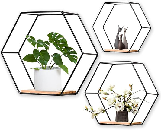 Wall Mounted Hexagonal Floating Shelves Black Set of 3 in Different Sizes, Modern Metal Wall Shelf, Simple Wood Partition Storage Shelves, Wall Decor Rack for Bedroom, Living Room, Kitchen and Office