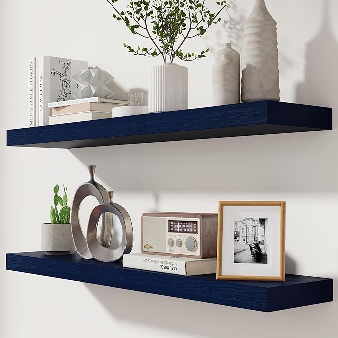 fuqing Dark Blue Floating Shelves 36 Inch, Solid Wooden Wall Shelves Set of 2, Rustic Floating Wall Shelves for Decor & Storage for Living Room Bedroom Bathroom