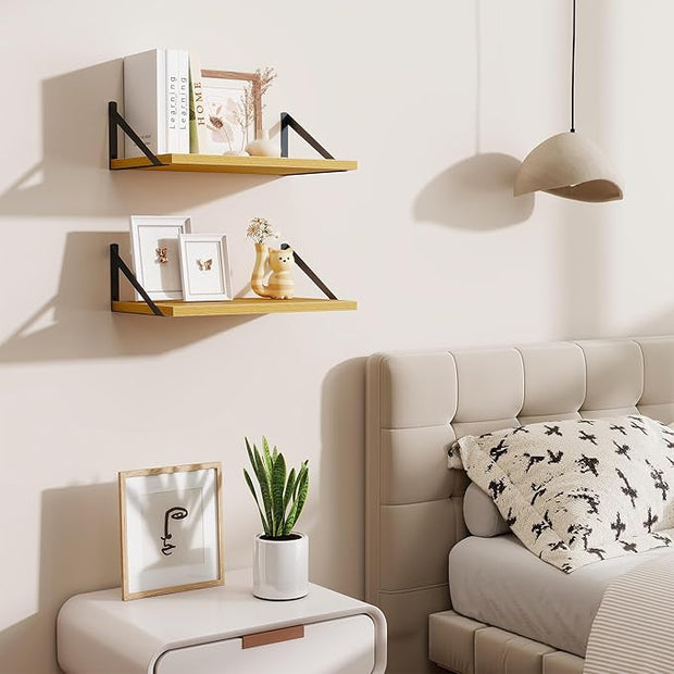 Floating Shelves for Wall,18" Wall Mounted Shelves Set of 2,Wood Floating Shelf with Bracket,Sturdy Metal Bracket Bookshelves Home Decor Storage for Living Room,Bedroom,Bathroom,Kitchen,Oak