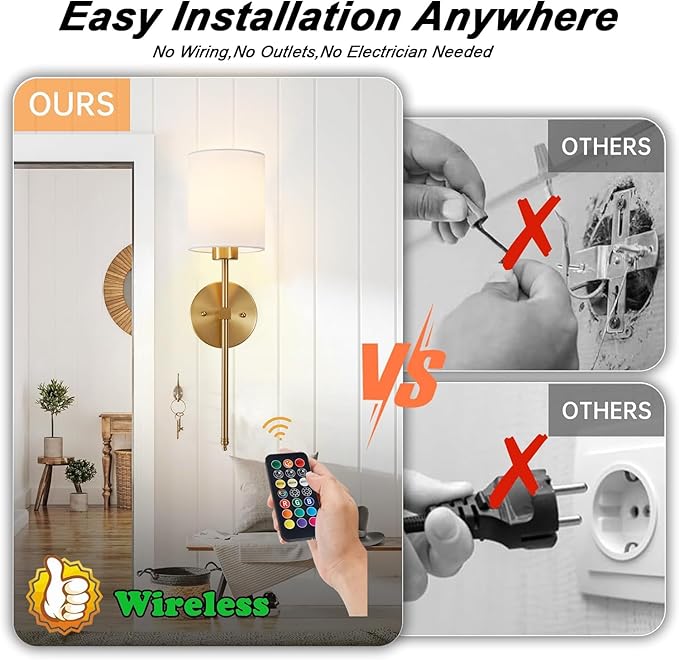 Battery Operated Wall Sconce Set of 2, Brushed Gold Rechargeable Wall Lights with Remote Control and Dimmable LED Bulbs, 13 Light Colors Wireless Wall Lamps for Bedroom Living Room Hallway (Gold)