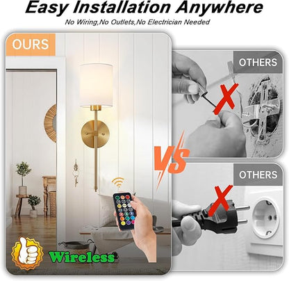 Battery Operated Wall Sconce Set of 2, Brushed Gold Rechargeable Wall Lights with Remote Control and Dimmable LED Bulbs, 13 Light Colors Wireless Wall Lamps for Bedroom Living Room Hallway (Gold)