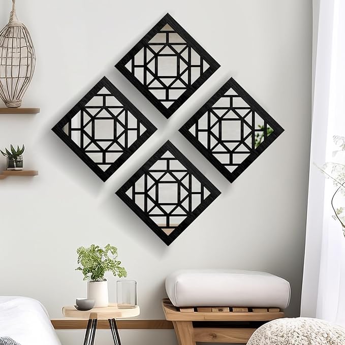 2 PCS Square Wall Mirror,Rustic Farmhouse Wall Mirrors,12 inch Small Mirror Art (style1 Black)