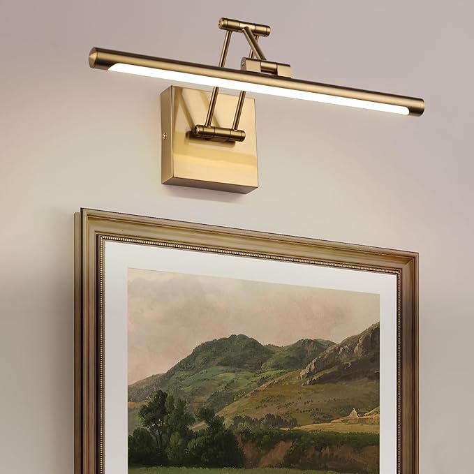 Hard-Wired Picture Light Dimmable LED Picture Lights for Paintings 15.7 Inch Brass Metal Body Wall Pictures with Adjustable Gold Swing Arm Art Display Lamps 7W 3000K Warm White Book Light