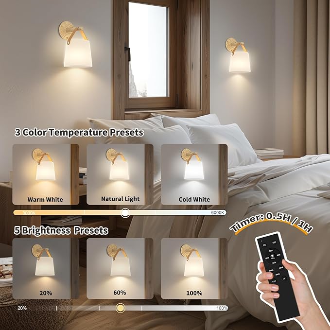TACAHE Rechargeable Wall Sconce - Plastic Frosted Lampshade - 3 Color Temp & 5 Brightness - Remote Control - 5000 mAh Battery Operated - Cordless Wall Lamp for Camper, RV - Set of 2 (Wood Color)