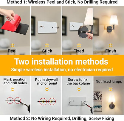 Peel and Stick Wall Sconces, Stick On Wall Sconce Set of 2, Battery Operated Wireless Wall Light, No Drill Adhesive Wall Lamp, Corn Bulb with 10000mAh Rechargeable Battery, Bedroom Wall Decor