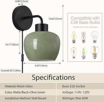 Modern Wall Sconces - Olive Green Milk Glass Plug-in Wall Lamp with Matte Black Finish, Industrial Boho Lighting for Bedroom, Living Room
