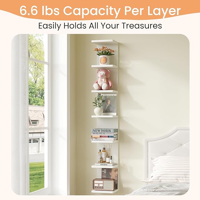 upsimples 7-Tier Floating Wall Shelf, White Wall Mounted Display and Storage Shelf, Decorative Shelves for Bedroom, Living Room, Bathroom, and Office