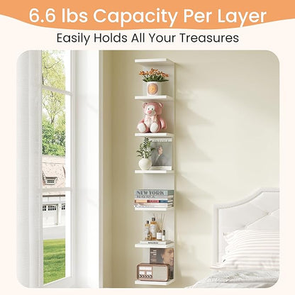 upsimples 7-Tier Floating Wall Shelf, White Wall Mounted Display and Storage Shelf, Decorative Shelves for Bedroom, Living Room, Bathroom, and Office