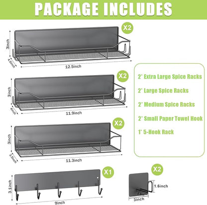 Magnetic Spice Rack for Refrigerator, 9 Pack Magnetic Fridge Shelves W/Adjustable Paper Towel Holder, Hook Rack, Moveable Spice Organizer Shelf for Kitchen Organization and Storage (Black)