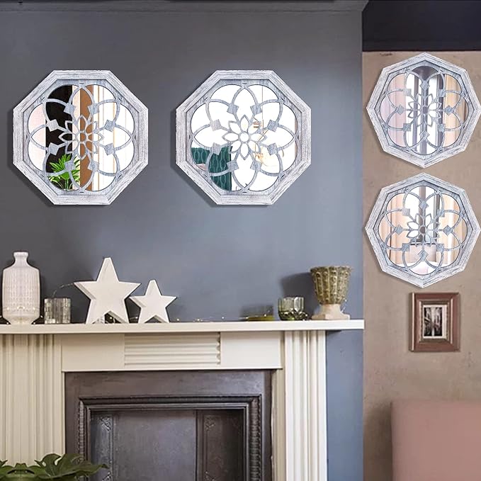 2 PCS Octagon Wall-Mounted Mirrors,Vintage Farmhouse Mirror for Wall Decor,Rustic White Color Decorative Accent Mirror for Foyer, Bathroom, Bedroom. (12”x12”)