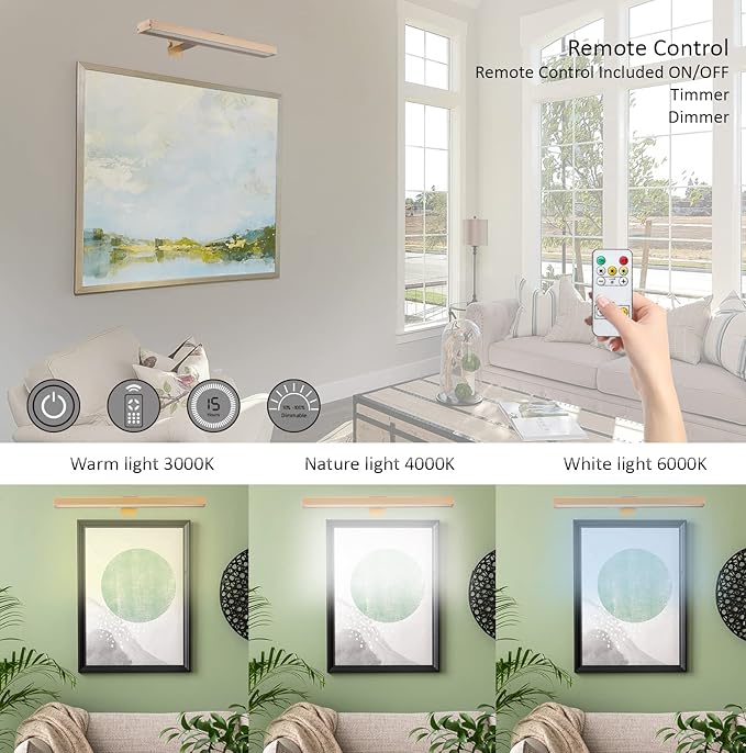 Wireless LED Picture Light with Remote,16in Metal Rechargeable Art Light Display Lamp,Dimmable and Timer Picture Lights for Paintings,3 Modes,Dartboard Light for Frame Picture Gallery Portrait
