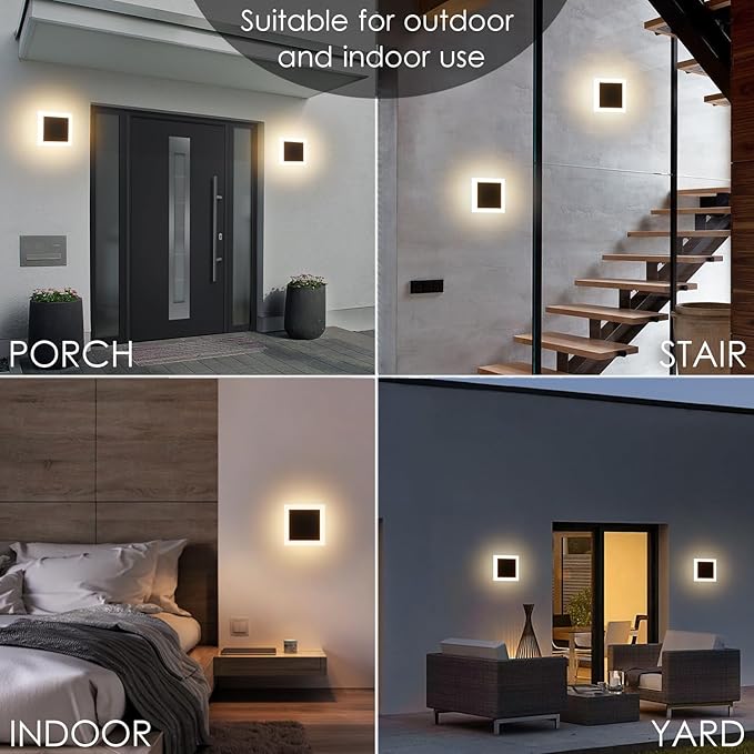 2 Packs LED Wall Light Outdoor Indoor Modern Wall Sconce Mini Sconce Outdoor Wall Lights Aluminum Waterproof Black Wall Mount Light LED Wall Sconces Warm White 3000K (Square)