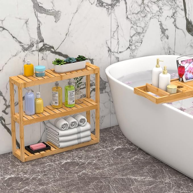 Domax Bamboo Bathroom Shelf 3-Tier Wall Mount Storage Rack Multifunctional Adjustable Layer Free Standing Over Toilet Utility Shelves Living Room Kitchen (Bamboo)