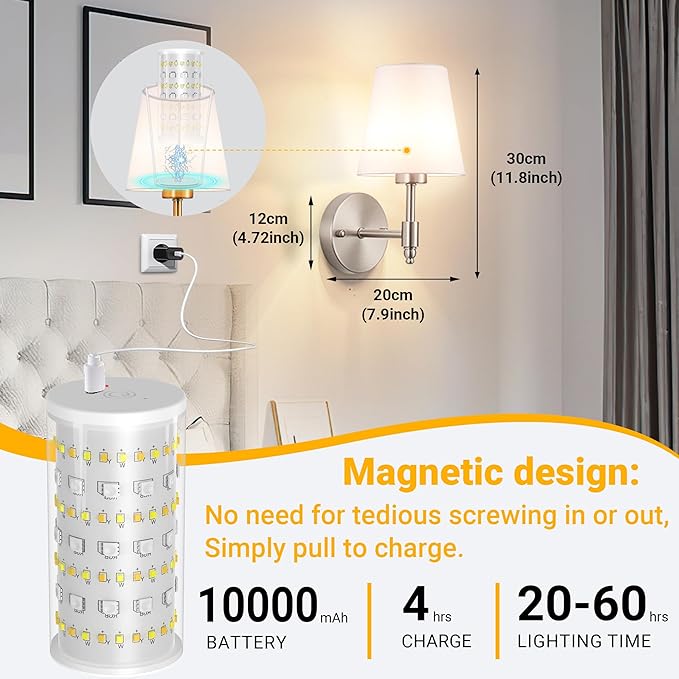 Peel and Stick Wall Sconces, Stick On Wall Sconce Set of 2, Battery Operated Wireless Wall Light, No Drill Adhesive Wall Lamp, Corn Bulb with 10000mAh Rechargeable Battery, Bedroom Wall Decor