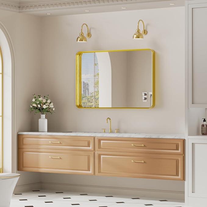 Koonmi Gold Wall Mirror for Bathroom, 24x35 Inch Matte Deep Framed Rounded Rectangle Vanity Mirror for Farmhouse Living Room, Tempered Glass, Anti-Rust, Vertically or Horizontally