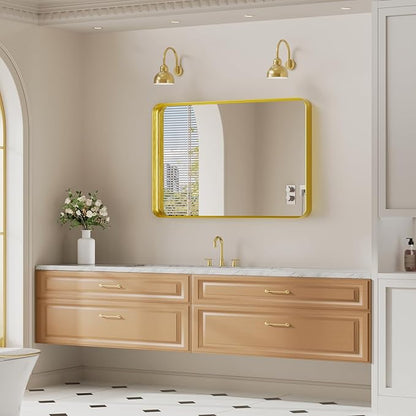 Koonmi Gold Wall Mirror for Bathroom, 24x35 Inch Matte Deep Framed Rounded Rectangle Vanity Mirror for Farmhouse Living Room, Tempered Glass, Anti-Rust, Vertically or Horizontally