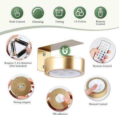 4-Pack Picture Light Battery Operated Painting Lights, 13 Color RGB Magnetic LED Display Art Light with Remote, Dimmable and Timer Portrait Light for Art Frame Artworking, Wall Decor Puck Light, Gold