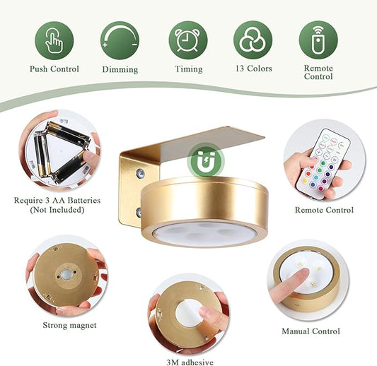 2-Pack Picture Light Battery Operated Painting Lights, 13 Color RGB Magnetic LED Display Art Light with Remote, Dimmable and Timer Portrait Light for Art Frame Artworking, Wall Decor Puck Light, Gold