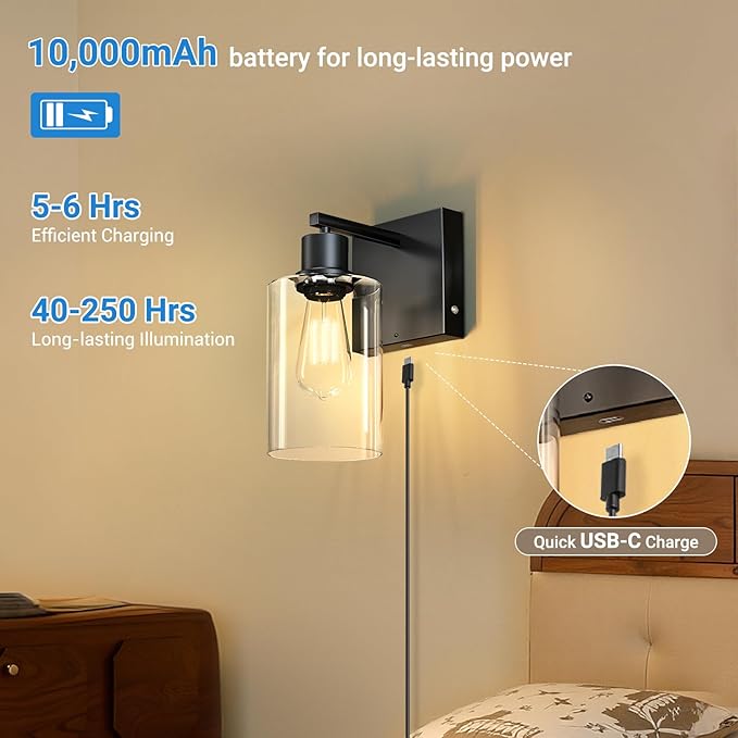 Kimjo Battery Operated Wall Sconce with Remote, USB Rechargeable Wireless Wall Light with Dimmable Bulb and Glass Shade, Wall Decor for Bedroom Bathroom Hallway