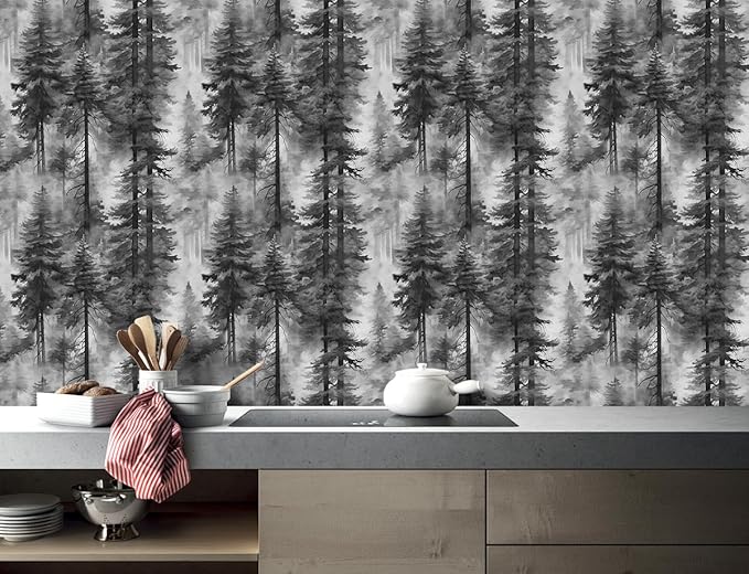 HAOKHOME Forest Peel and Stick Wallpaper Black and White Removable Vinyl Wall Mural for Bathroom Bedroom Accent Wall Self Adhesive Tree Contact Paper 17.3in x 118in