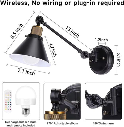 TRLIFE Rechargeable Battery Operated Wall Sconce, Dimmable and Adjustable Color Temperature Wireless Wall Sconces Set of 2 with Remote Control, Swing Arm Wall Mounted Light for Bedroom Bedside Hallway