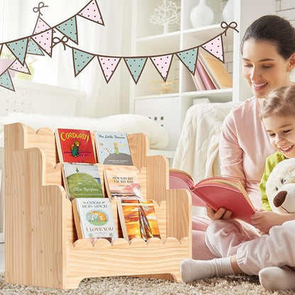 Kids Bookshelf Storage 3-Tier, Book Case for Kids Rooms, Scalloped Wooden Montessori Bookcase for Toddlers & Baby, Small Nursery & Classroom Book Shelves, Solid Wood Organizer