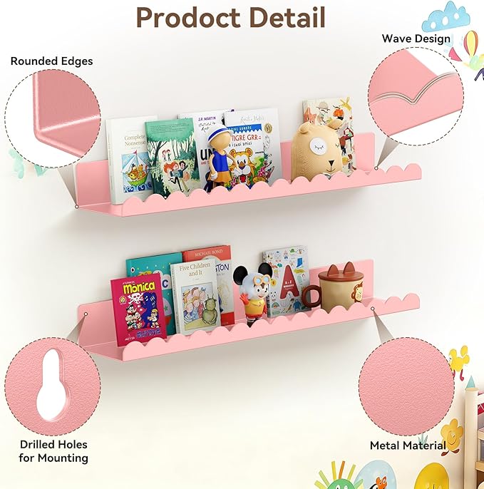 Floating Shelves for Wall, 23 Inch Metal Nursery Book Shelves 4 Pack, Wall Mounted Book Shelf for Kids Room, Bedroom, Bathroom, Playroom Decor (Pink)