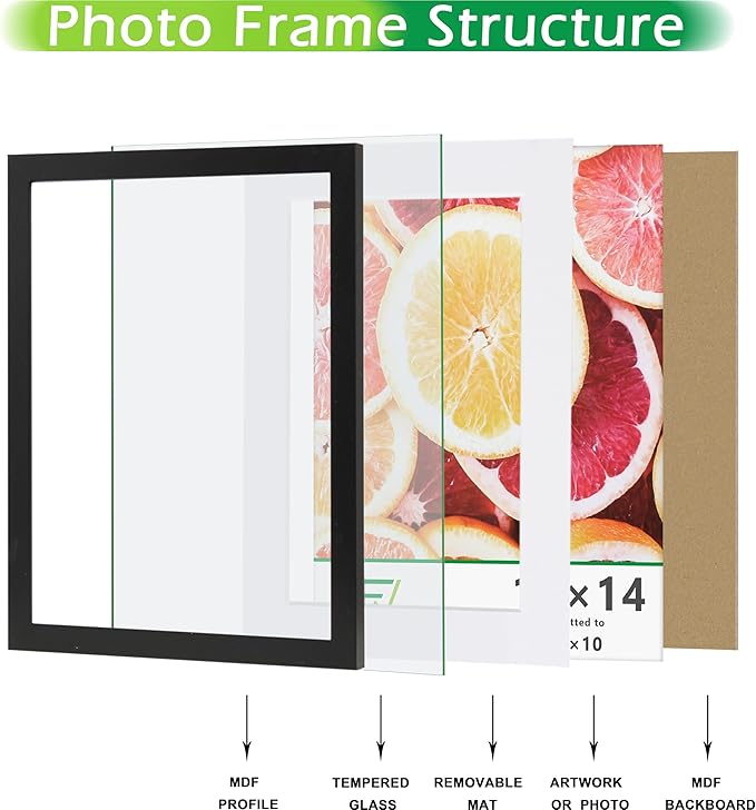 FrameWorks 7-pc Set Collage Wall Wooden Picture Frames Tempered Glass/Black / 1-11"x14", 2-8"x10", 4-5"x7"