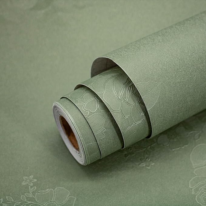 Green Flower Wallpaper Stick and Peel 17.7inch x 393.7inch Embossed Floral Stick Peel Contact Paper Solid Pure Waterproof Green Self Adhesive Wallpaper Flower Removable Shelf Vinyl Roll
