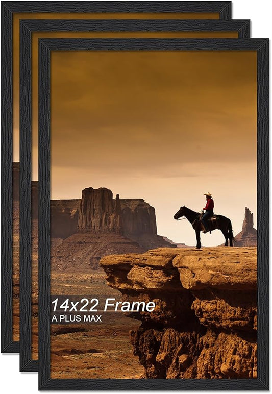 A PLUS MAX 14x22 Picture Frame Set of 3, Black Engineered Wood Frame for 14 x 22 Inch Picture Poster Photo, Light Weight 14 by 22 Frame with Wood-grain for Wall - 3 Pack/Black/14 x22