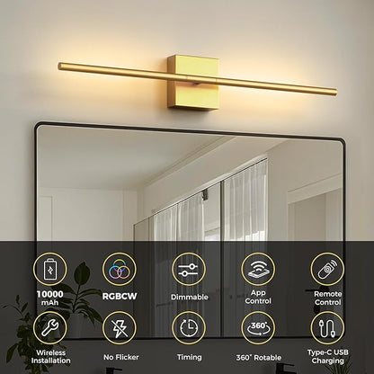 L LOHAS LED Battery Operated Wall Sconces Set of 2, Battery Wall Sconce 10000mAh, Gold Rechargeable Sconces 3CCT + RGB, 28.7 Inch Wireless Wall Lights, Sconce Wall Decor for Bedroom, Living Room