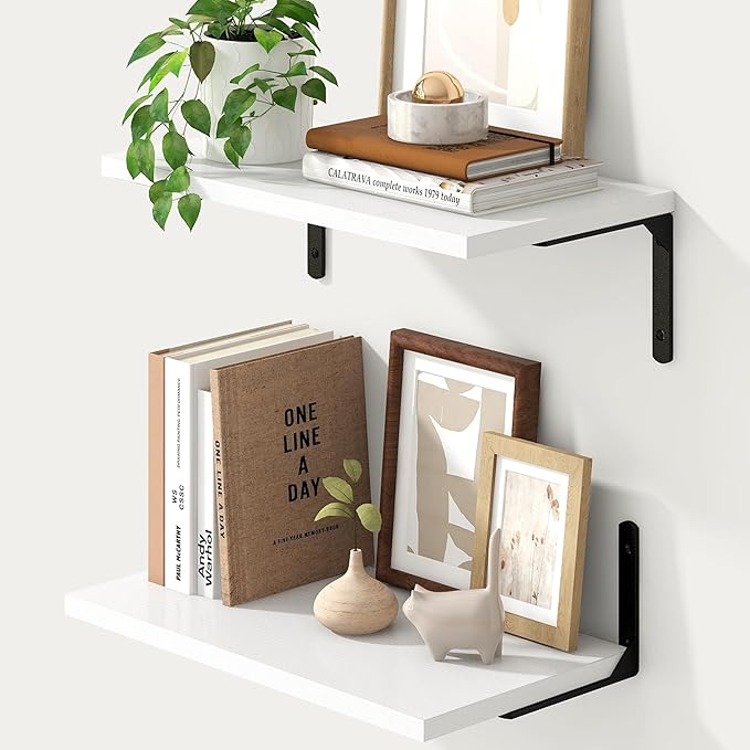 Fun Memories Deep Floating Shelves, 16W x 8D Floating Shelves Set of 2, Wall Mounted Shelf with Metal Brackets, Rustic Wood Wall Shelf for Bathroom, Kitchen and Living Room, White