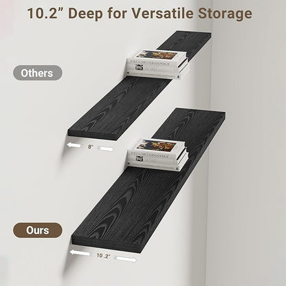 Vivelove 48 Inches Floating Shelves Wall Mounted, 10" Deep Wall Shelves for Bedroom, Bathroom, Living Room, Kitchen, Office, Home Decor, Modern Shelf, Set of 2, Black, 48x10.2x1.5