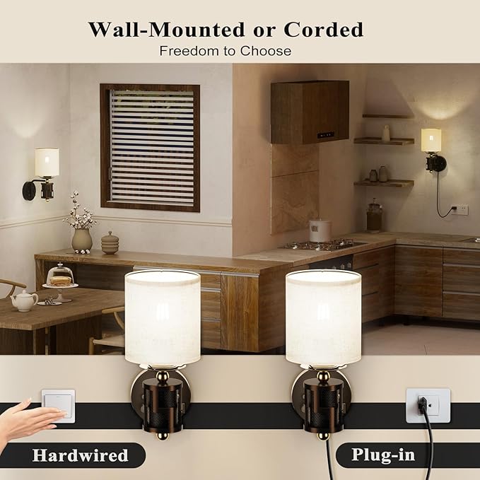 V07-1 Vintage Wall Sconce Light with USB A+C Charging Ports, Hardwired/Plug in Wall Sconces with Dimming Knob and Linen Lampshade, Wall Lights for Bedroom Living Room Kitchen (Bulb Included)