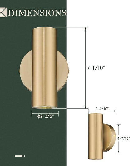 2-Light Wall Light, Brass Gold Wall Sconce, Indoor Up and Down Wall Lamp with Cover for Bedroom Bathroom Stair Entryway, Update WL4830-2W-BB-B
