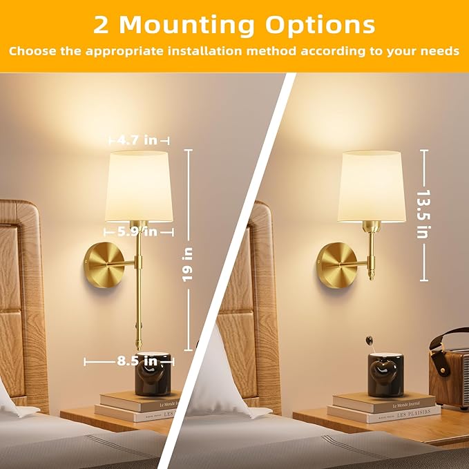 Ouyulong Battery Operated Wall Sconces Set of 2, Wireless Rechargeable Dimmable Wall Light with 5600mAh RGB Bulb and Remote for Bedroom, Living Room, Hallway 19in Gold