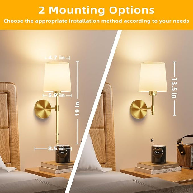 Ouyulong Battery Operated Wall Sconces Set of 2, Wireless Rechargeable Dimmable Wall Light with 5600mAh RGB Bulb and Remote for Bedroom, Living Room, Hallway 19in Gold